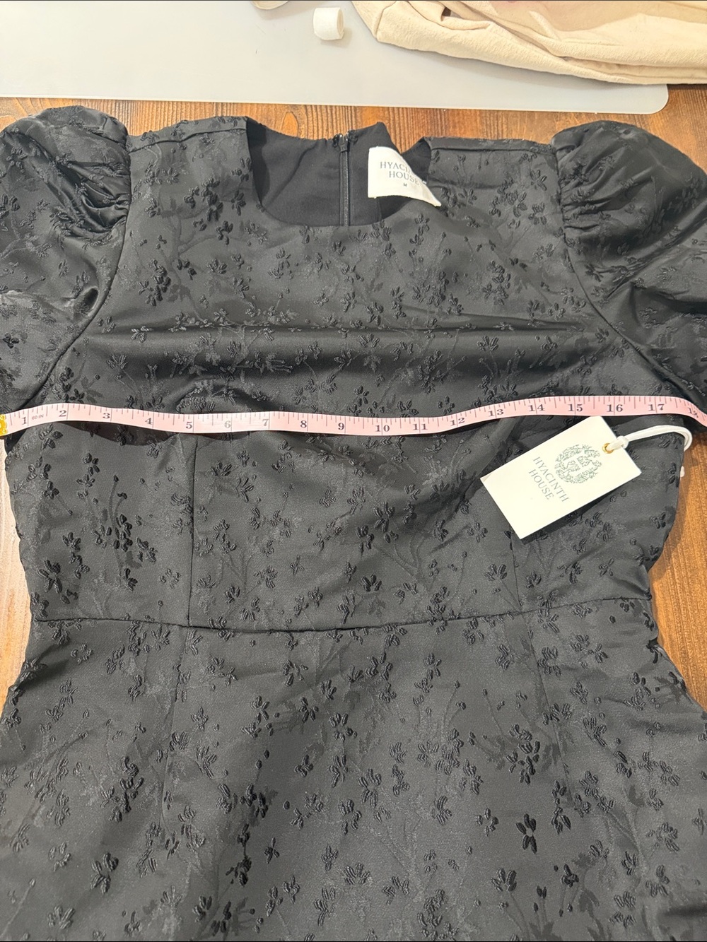 Hyacinth House  Black Jacquard Puff Sleeve Darcy Mini Dress Size Medium - Picture 6 of 11